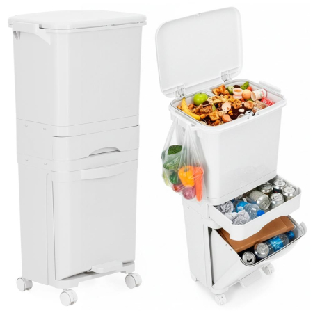 Cos de gunoi pentru colectare selectiva cu 3 compartimente, pe roti, 42 L, alb [4]