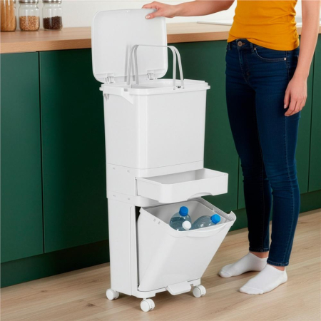 Cos de gunoi pentru colectare selectiva cu 3 compartimente, pe roti, 42 L, alb [19]