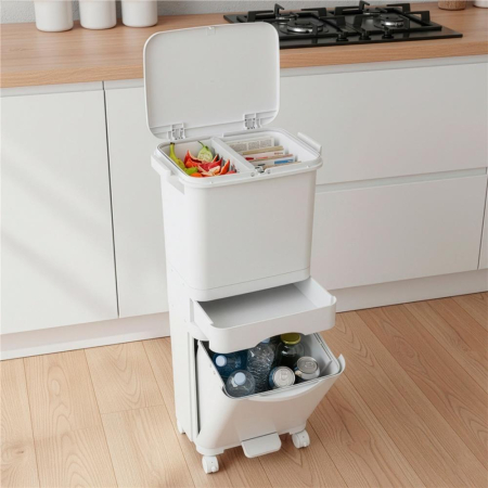 Cos de gunoi pentru colectare selectiva cu 3 compartimente, pe roti, 42 L, alb [24]