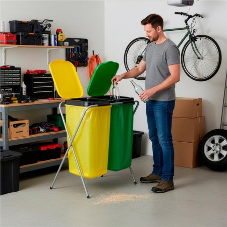 Cos de gunoi selectiv cu 2 compartimente, cadru metalic si capace PP, 68x42x75 cm [17]