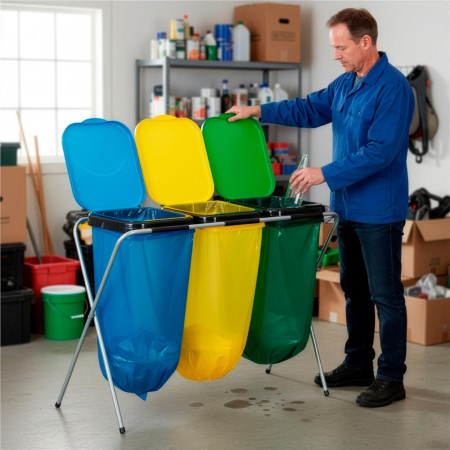 Cos de gunoi selectiv cu 3 compartimente, cadru metalic si capace PP, 98x42x74 cm [18]