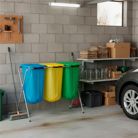 Cos de gunoi selectiv cu 3 compartimente, cadru metalic si capace PP, 98x42x74 cm [17]
