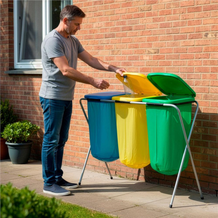 Cos de gunoi selectiv cu 3 compartimente, cadru metalic si capace PP, 98x42x74 cm [16]