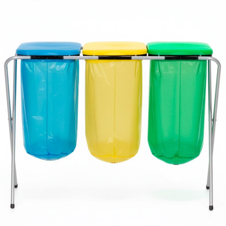Cos de gunoi selectiv cu 3 compartimente, cadru metalic si capace PP, 98x42x74 cm [15]