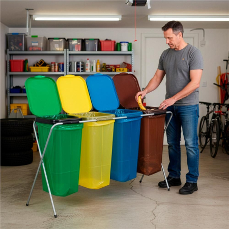 Cos de gunoi selectiv cu 4 compartimente, cadru metalic si capace PP, 128x42x74 cm [6]