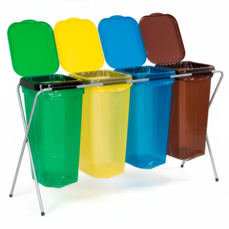 Cos de gunoi selectiv cu 4 compartimente, cadru metalic si capace PP, 128x42x74 cm [17]