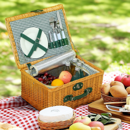  Cos de Picnic din Rachita pentru 2 Persoane cu Zona Frigorifica si Vesela, 40x30x20 cm, Maro Deschis [1]