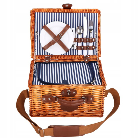 Corturi & articole camping - Cos de picnic echipat pentru 2 persoane Deluxe, din rachita, cu vesela si tacamuri, frigorific