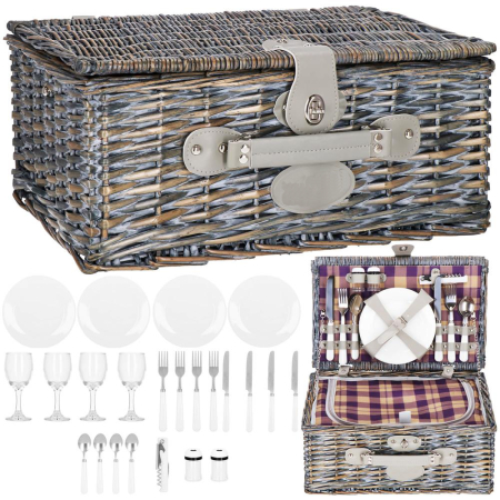 Cos de picnic echipat pentru 4 persoane Deluxe, din rachita, cu vesela si tacamuri, izolat termic, gri [6]
