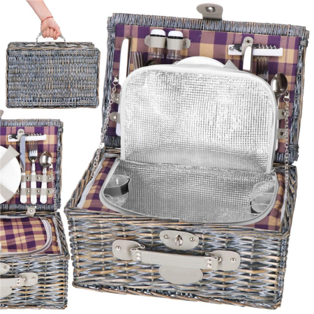 Cos de picnic echipat pentru 4 persoane Deluxe, din rachita, cu vesela si tacamuri, izolat termic, gri [1]