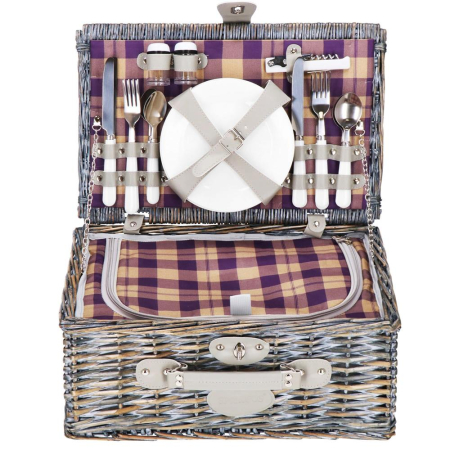Corturi & articole camping - Cos de picnic echipat pentru 4 persoane Deluxe, din rachita, cu vesela si tacamuri, izolat termic, gri