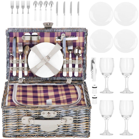 Cos de picnic echipat pentru 4 persoane Deluxe, din rachita, cu vesela si tacamuri, izolat termic, gri [5]