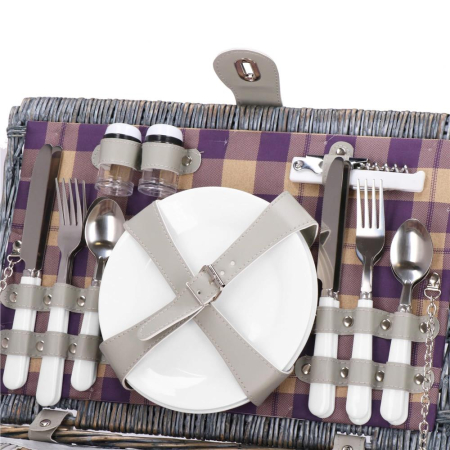 Cos de picnic echipat pentru 4 persoane Deluxe, din rachita, cu vesela si tacamuri, izolat termic, gri [14]