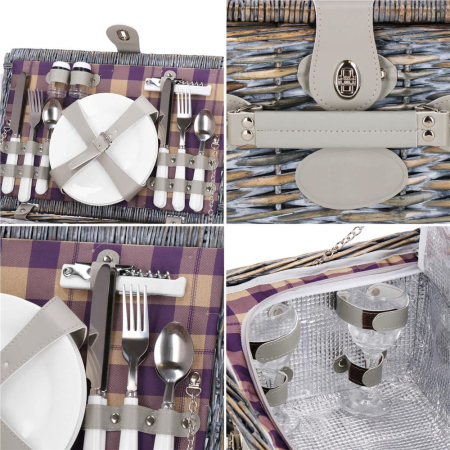 Cos de picnic echipat pentru 4 persoane Deluxe, din rachita, cu vesela si tacamuri, izolat termic, gri [20]