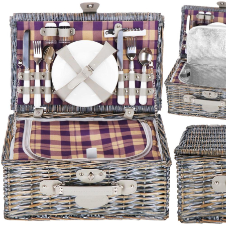 Cos de picnic echipat pentru 4 persoane Deluxe, din rachita, cu vesela si tacamuri, izolat termic, gri [3]