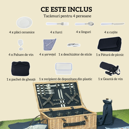  Cos de Picnic pentru 4 Persoane cu Zona Frigorifica si Accesorii 54x34x20 cm [3]