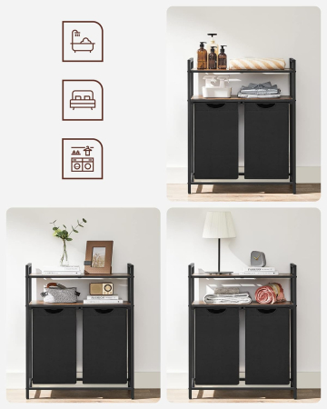 Cos de rufe, cu 2 saci detasabili, 2 rafturi, capacitate de 46L per sac, 73x33x72cm , maro rustic si negru [2]