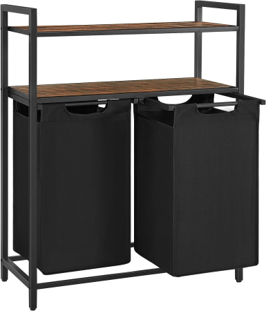 Cos de rufe, cu 2 saci detasabili, 2 rafturi, capacitate de 46L per sac, 73x33x72cm , maro rustic si negru [3]