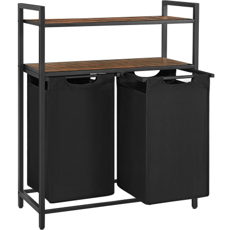 Cosuri de rufe - Cos de rufe, cu 2 saci detasabili, 2 rafturi, capacitate de 46L per sac, 73x33x72cm , maro rustic si negru