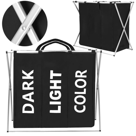 Cos de rufe cu 3 compartimente, cadru aluminiu, 68x40x60cm, 146 litri, negru [3]