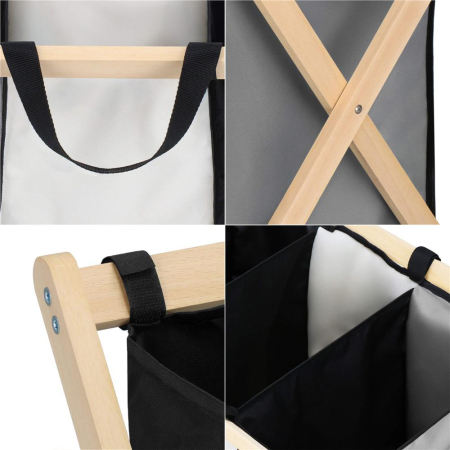Cos de rufe cu 3 compartimente, cadru din lemn, 67x43x55 cm, 105 litri [8]