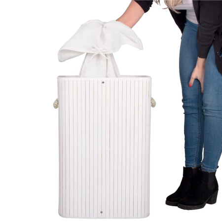 Cos de rufe cu capac, din bambus cu sac textil detasabil, 72 litri, 40x28x60 cm, alb [5]