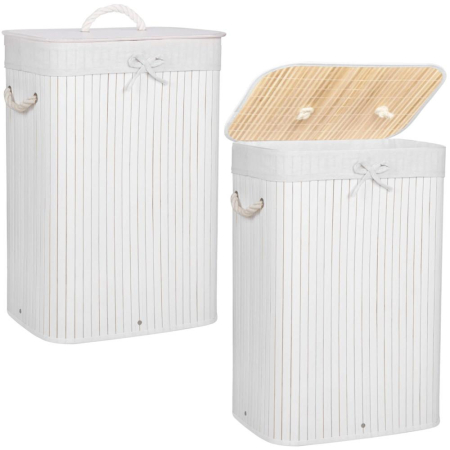 Cos de rufe cu capac, din bambus cu sac textil detasabil, 72 litri, 40x28x60 cm, alb [7]