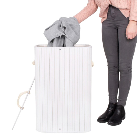 Cos de rufe cu capac, din bambus cu sac textil detasabil, 72 litri, 40x28x60 cm, alb si gri [7]