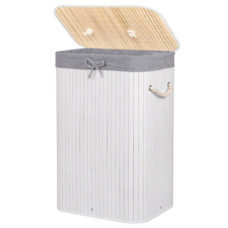 Cos de rufe cu capac, din bambus cu sac textil detasabil, 72 litri, 40x28x60 cm, alb si gri [8]