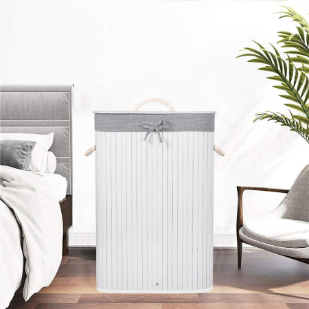 Cos de rufe cu capac, din bambus cu sac textil detasabil, 72 litri, 40x28x60 cm, alb si gri [1]