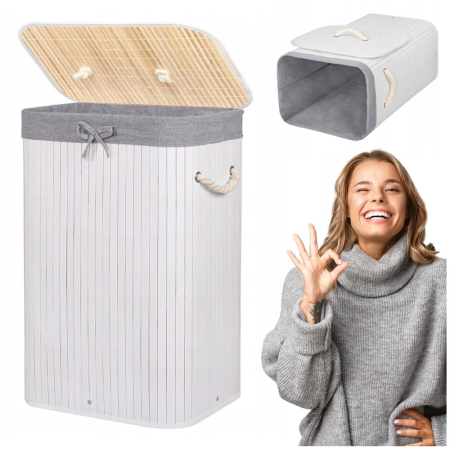 Cos de rufe cu capac, din bambus cu sac textil detasabil, 72 litri, 40x28x60 cm, alb si gri [4]