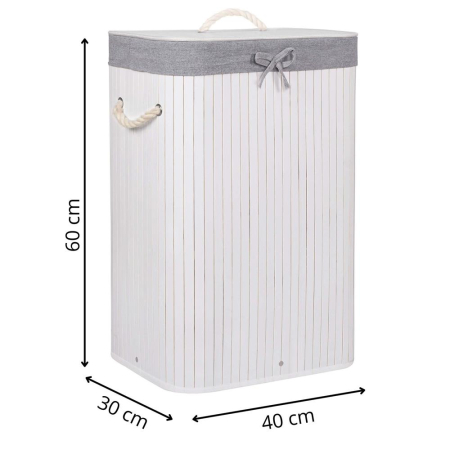 Cos de rufe cu capac, din bambus cu sac textil detasabil, 72 litri, 40x28x60 cm, alb si gri [12]