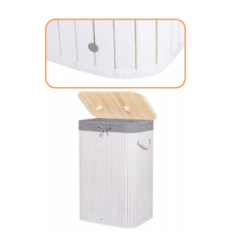 Cos de rufe cu capac, din bambus cu sac textil detasabil, 72 litri, 40x28x60 cm, alb si gri [2]