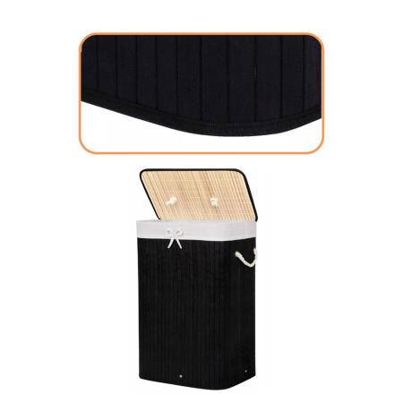 Cos de rufe cu capac, din bambus cu sac textil detasabil, 72 litri, 40x30x60 cm, negru [6]
