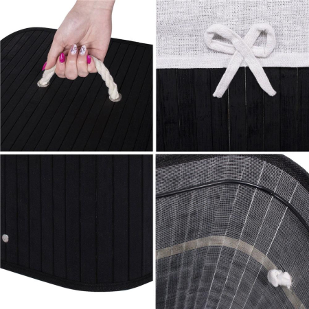 Cos de rufe cu capac, din bambus cu sac textil detasabil, 72 litri, 40x30x60 cm, negru [7]