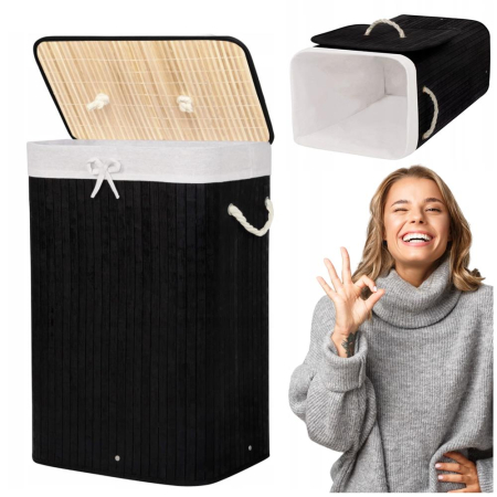 Cos de rufe cu capac, din bambus cu sac textil detasabil, 72 litri, 40x30x60 cm, negru [8]