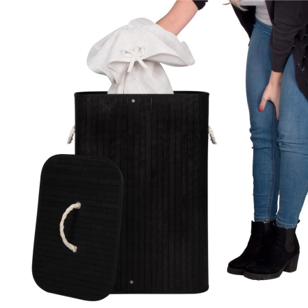Cos de rufe cu capac, din bambus cu sac textil detasabil, 72 litri, 40x30x60 cm, negru [10]