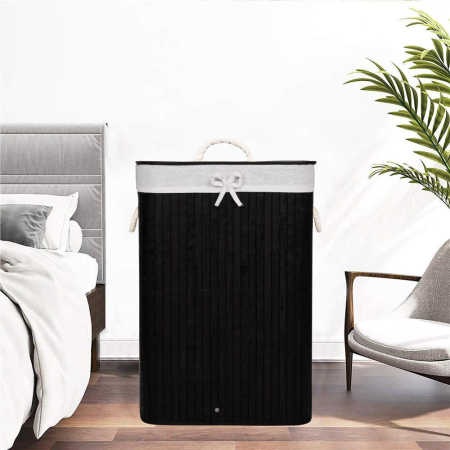Cos de rufe cu capac, din bambus cu sac textil detasabil, 72 litri, 40x30x60 cm, negru [1]
