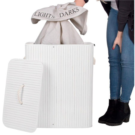 Cos de rufe cu capac si 2 compartimente, sac textil detasabil, 100 litri, 52x33x63 cm, alb si bej [4]