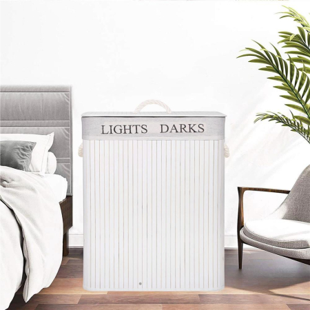 Cos de rufe cu capac si 2 compartimente, sac textil detasabil, 100 litri, 52x33x63 cm, alb si bej [5]