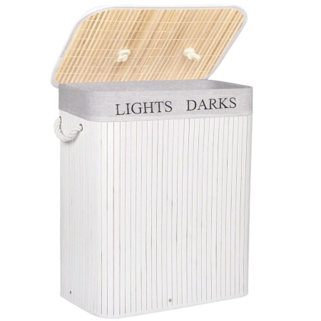 Baie - Cos de rufe cu capac si 2 compartimente, sac textil detasabil, 100 litri, 52x33x63 cm, alb si bej