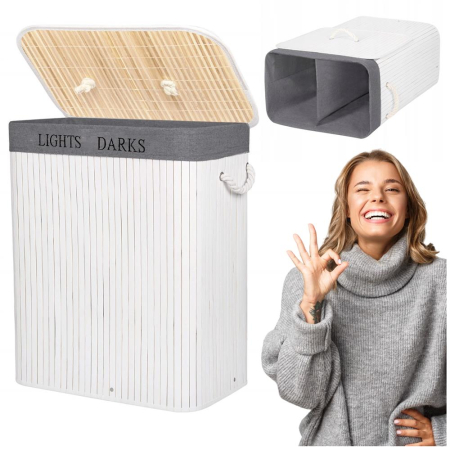 Cos de rufe cu capac si 2 compartimente, sac textil detasabil, 100 litri, 52x33x63 cm, alb si gri [2]