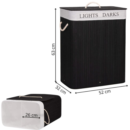 Cos de rufe cu capac si 2 compartimente, sac textil detasabil, 100 litri, 52x33x63 cm, negru [12]