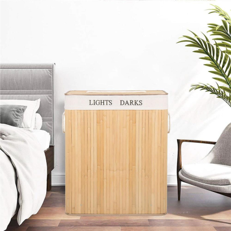 Cos de rufe cu capac si 2 compartimente, sac textil detasabil, 105 litri, 52x33x63 cm, bambus natural [6]
