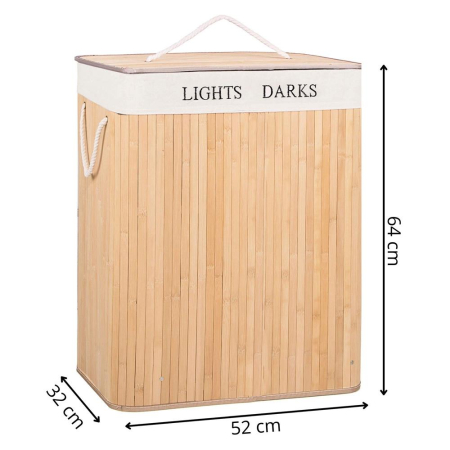 Cos de rufe cu capac si 2 compartimente, sac textil detasabil, 105 litri, 52x33x63 cm, bambus natural [10]