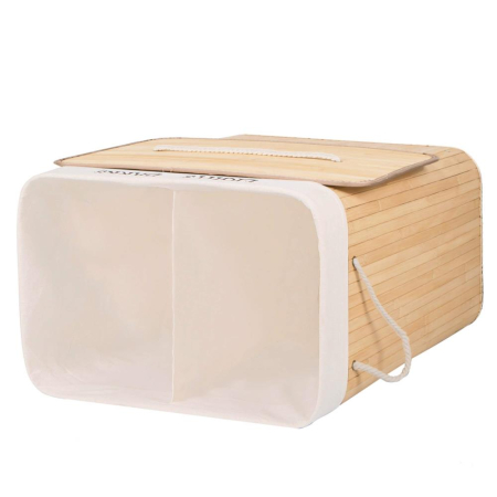 Cos de rufe cu capac si 2 compartimente, sac textil detasabil, 105 litri, 52x33x63 cm, bambus natural [3]