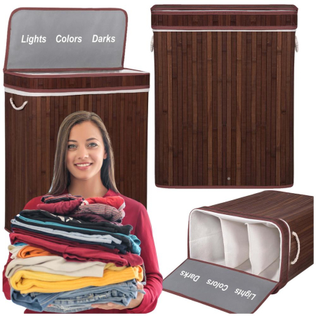 Cos de rufe cu capac si 3 compartimente, sac textil detasabil, 100 litri, 51x32x63 cm, maro [7]