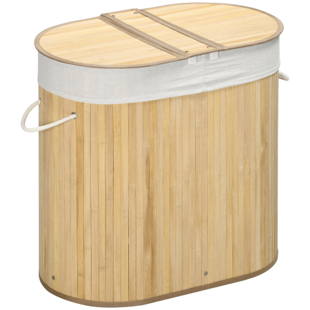 Baie -  Cos de rufe din bambus cu capac, 100 litri cu 2 sectiuni, captuseala detasabila lavabila, 62,5 x 37 x 60,5 cm, natural
