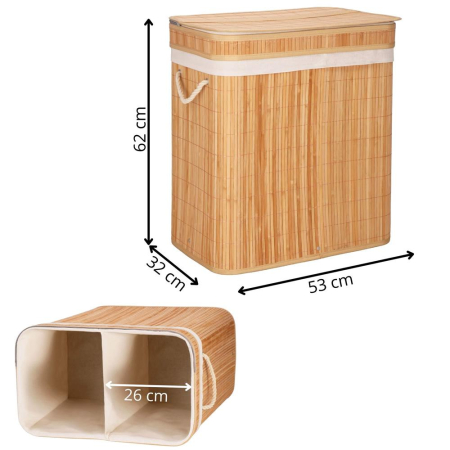 Cos de rufe din bambus cu capac, 2 compartimente, sac detasabil, volum 100L, 53x32x62cm, maro [22]