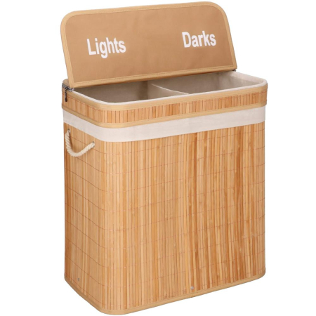 Decoratiuni si articole casa - Cos de rufe din bambus cu capac, 2 compartimente, sac detasabil, volum 100L, 53x32x62cm, maro